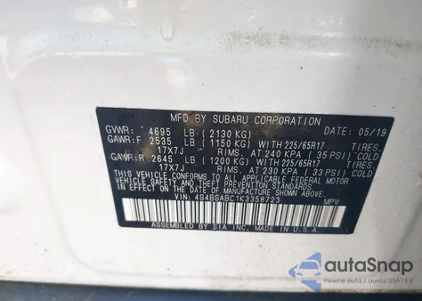 2019 Subaru Outback 2.5I from USA, damaged, VIN 4S4BSABC1K3358723